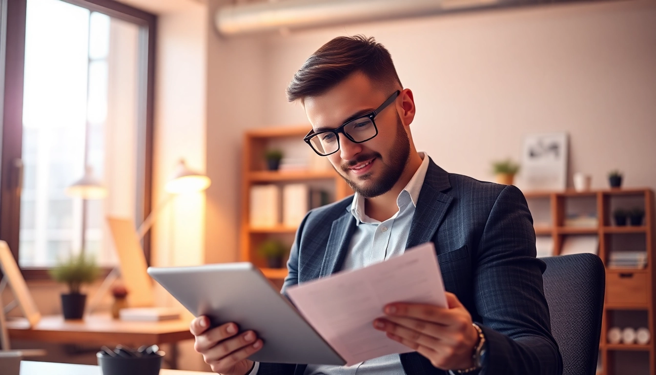An SME loan application in progress, showing a small business owner reviewing documents on a tablet at their office desk, emphasizing financial growth.