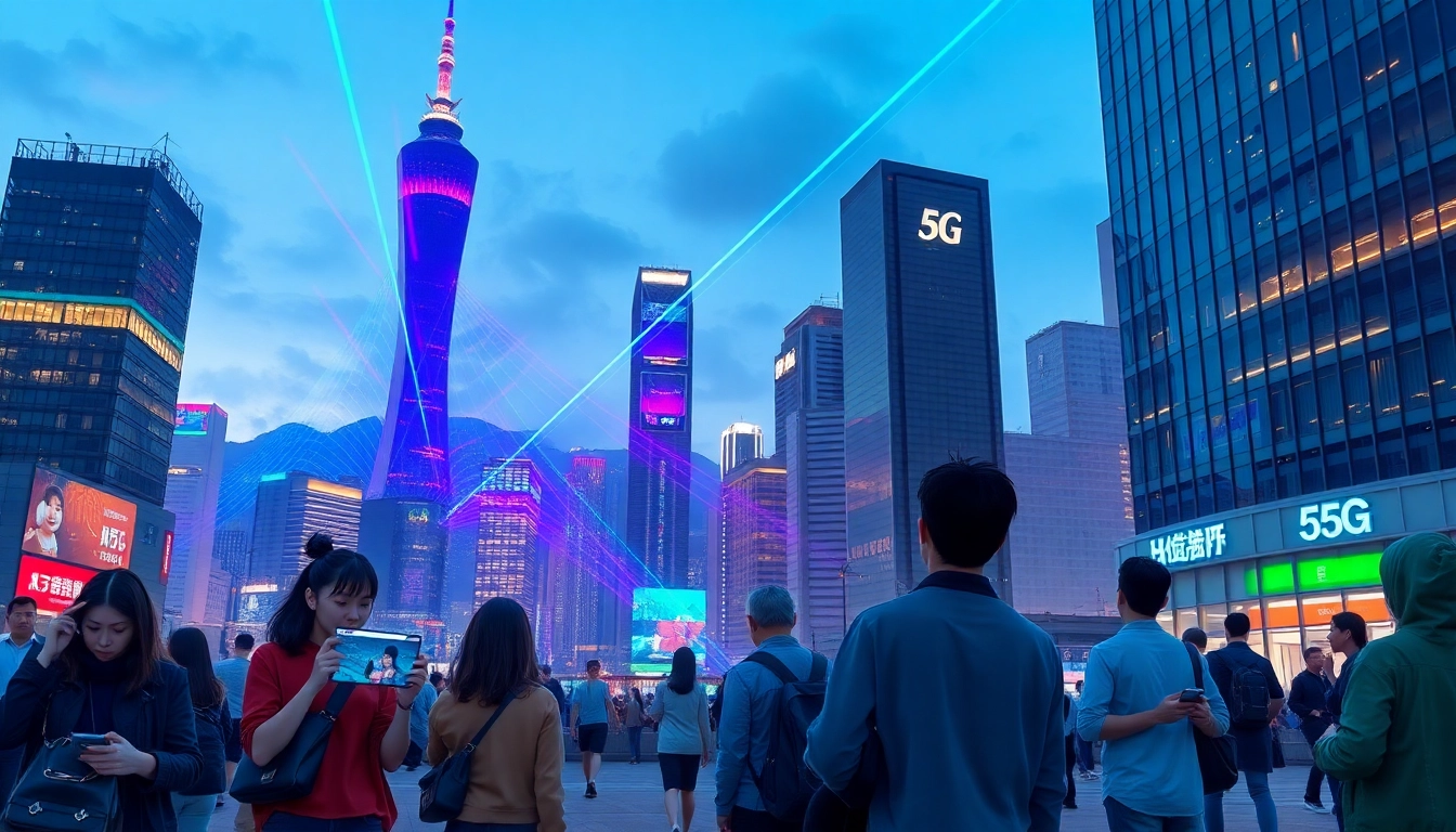 香港繁忙都市夜景，科技感十足的5G信號波在空中閃爍，市民使用智能手機享受高速網絡，展現未來科技融合日常生活的場景。