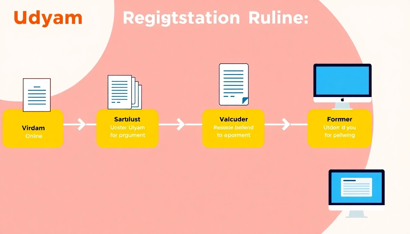 Udyam registration online process illustration with documents and computer, highlighting easy MSME registration steps