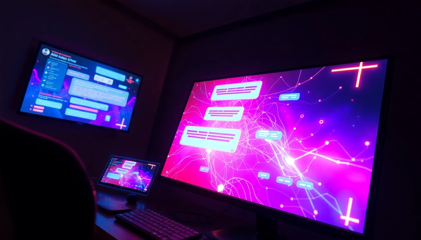 Digital illustration of a futuristic computer setup with neon AI chat interface graphics in a dimly lit room.