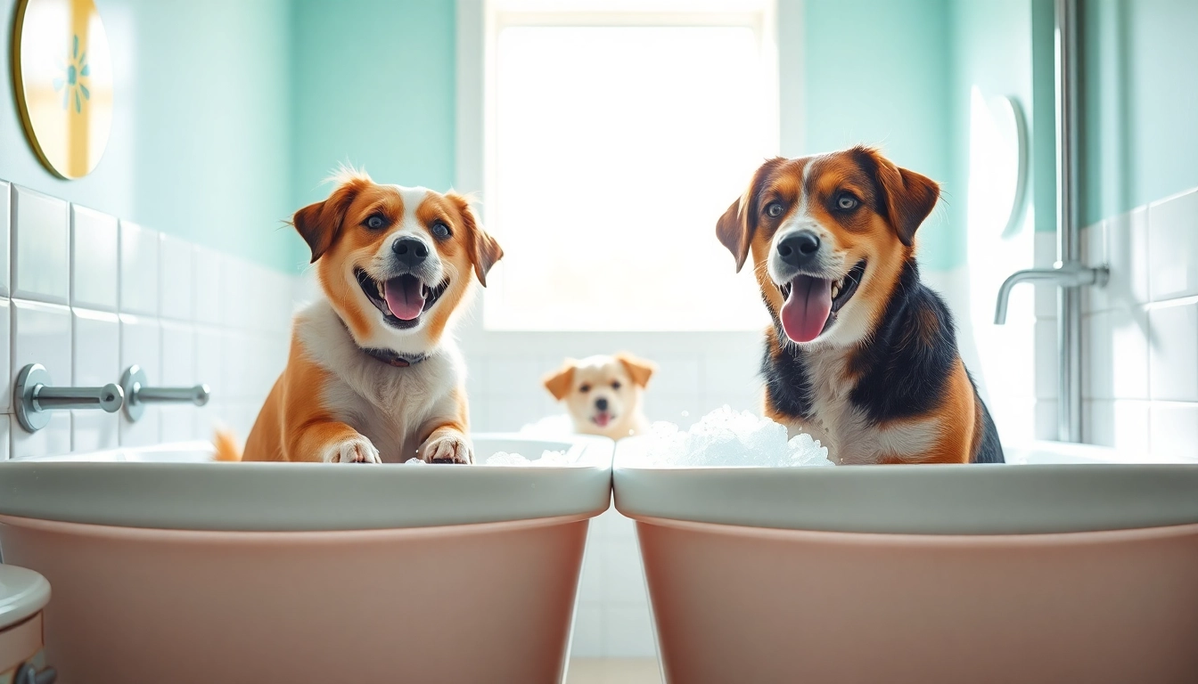 Happy dogs enjoying a bath at a dog wash near me, featuring bright colors and bubbly soap.