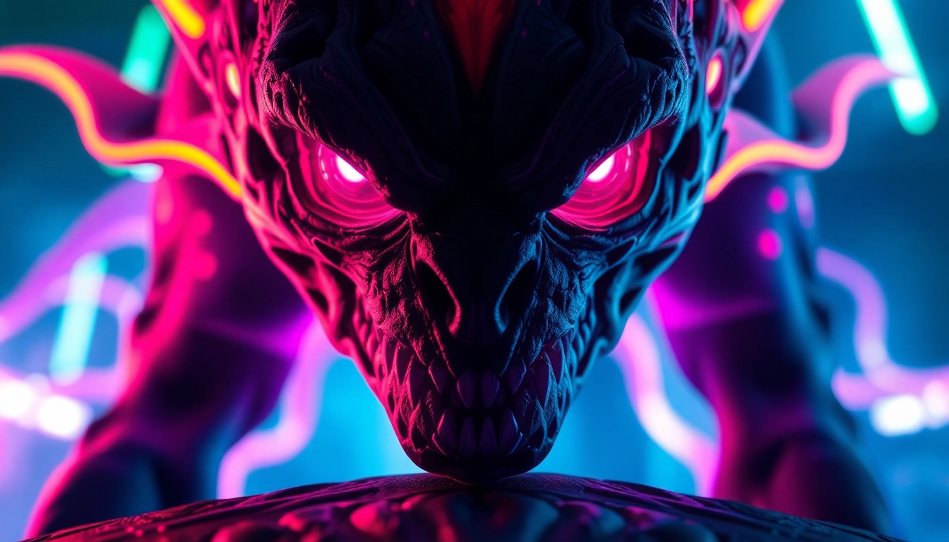 789f.monster character in a vivid digital illustration, showing detailed features and glowing effects for engaging viewers and fans of monsters.