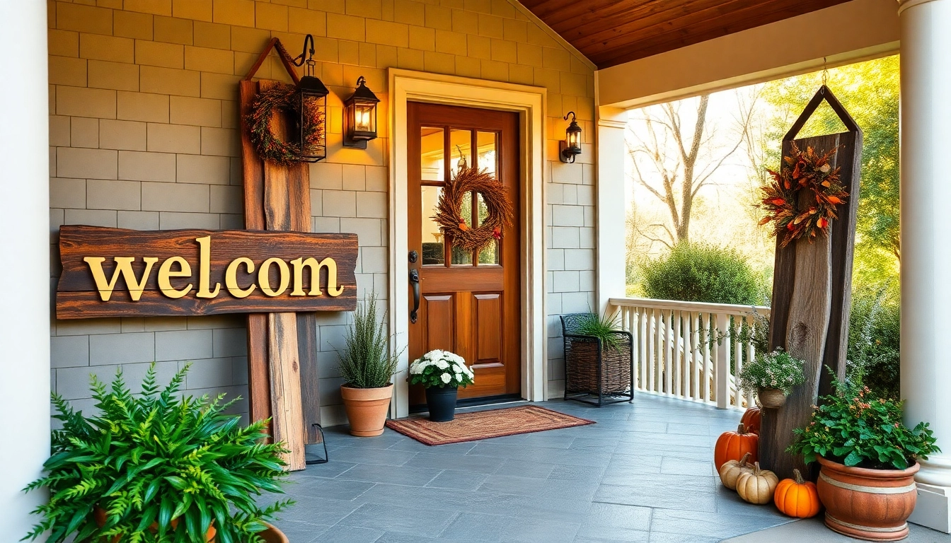 Design of welcoming outdoor welcome signs on a front porch with seasonal decor and rustic charm to greet guests warmly.
