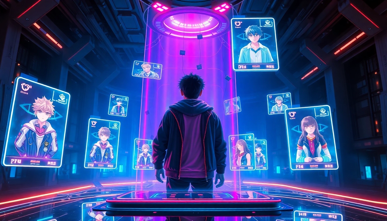 Futuristic social media scene with holographic characters from fandoms and a user creating their persona.