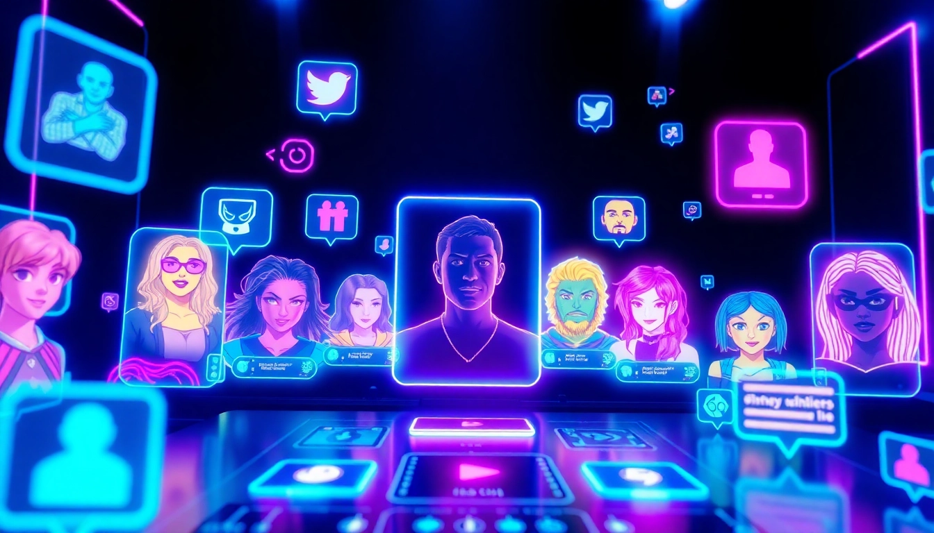 Futuristic digital social media interface with holographic avatars and neon lighting