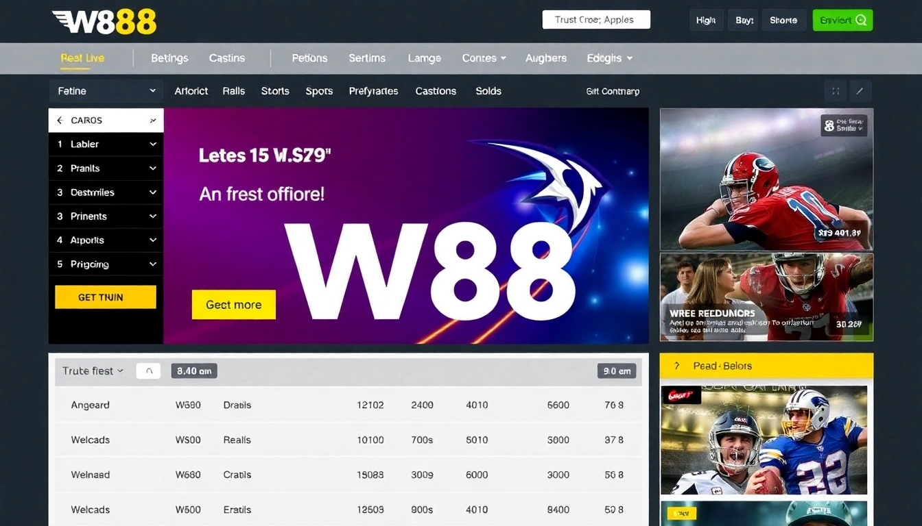Engaging W88 online gambling platform showcasing sports betting and live casino action for user engagement.