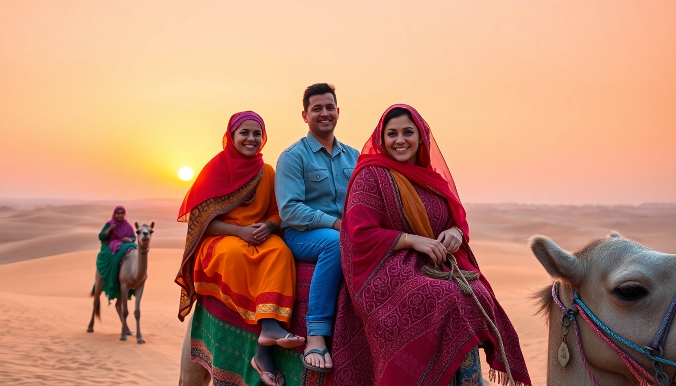 Family holiday in Morocco showcasing a family riding camels in desert at sunset for an authentic and memorable experience.