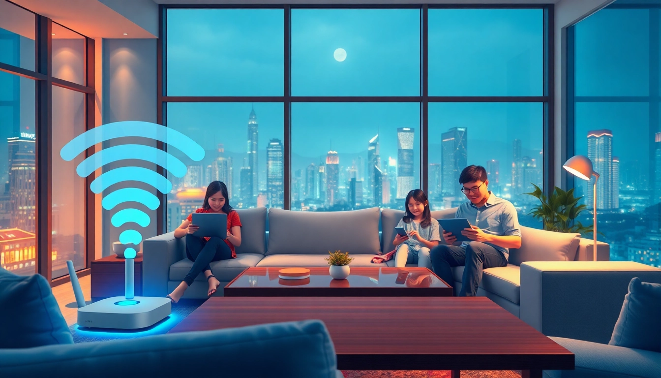 香港家庭在家中使用電腦、手機，享受穩定高速網絡的場景，背景為都市夜景，展現現代家庭的數碼生活。