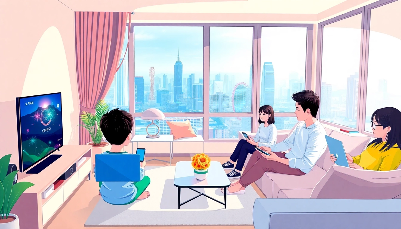 一家人在香港的現代公寓裡享受高速寬頻上網的愉快場景。