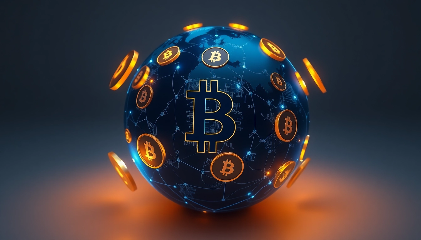 Bitcoin investment concept with digital globe and floating Bitcoin symbols highlighting growth and modernization in crypto investing.