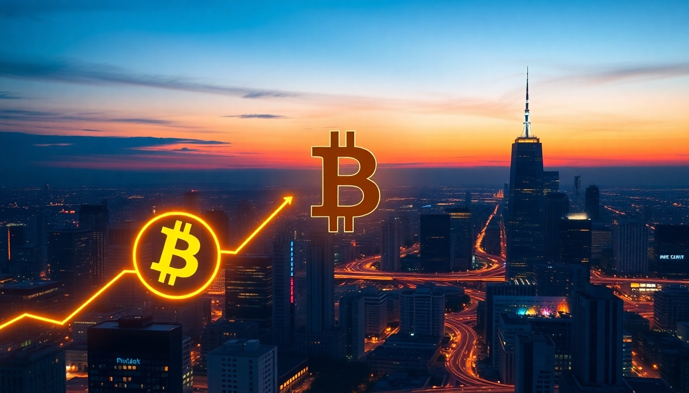 Bitcoin symbol rising over a futuristic financial district symbolizing cryptocurrency growth