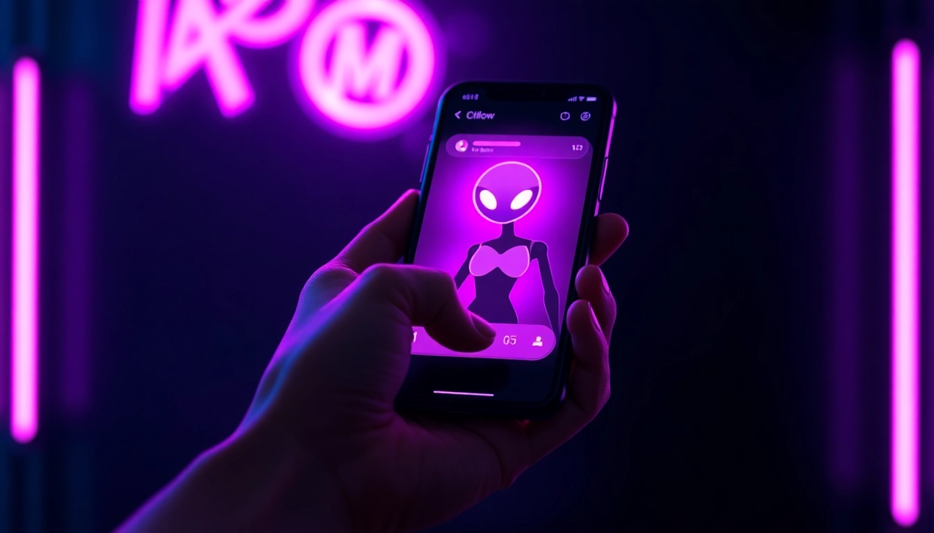 Close-up of a smartphone displaying a neon-lit AI chat interface with a suggestive digital character, set against a dark, moody background with vibrant purple and pink accents.