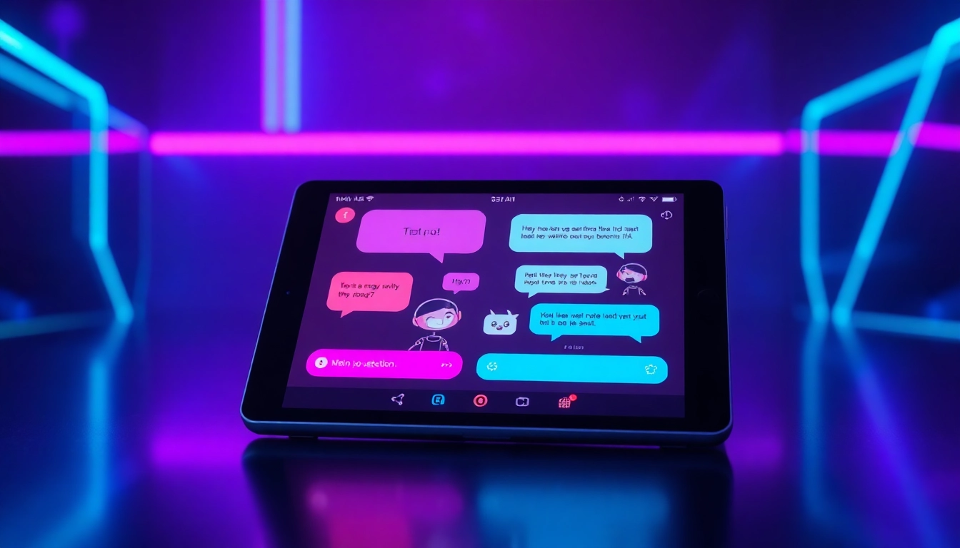 Futuristic digital chat interface showing playful AI characters in a neon-lit environment, representing spicy AI conversations.