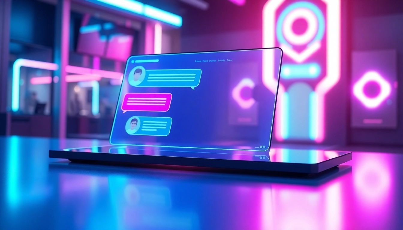 Futuristic AI chatbot interface with holographic chat bubbles in a neon-lit high-tech environment.