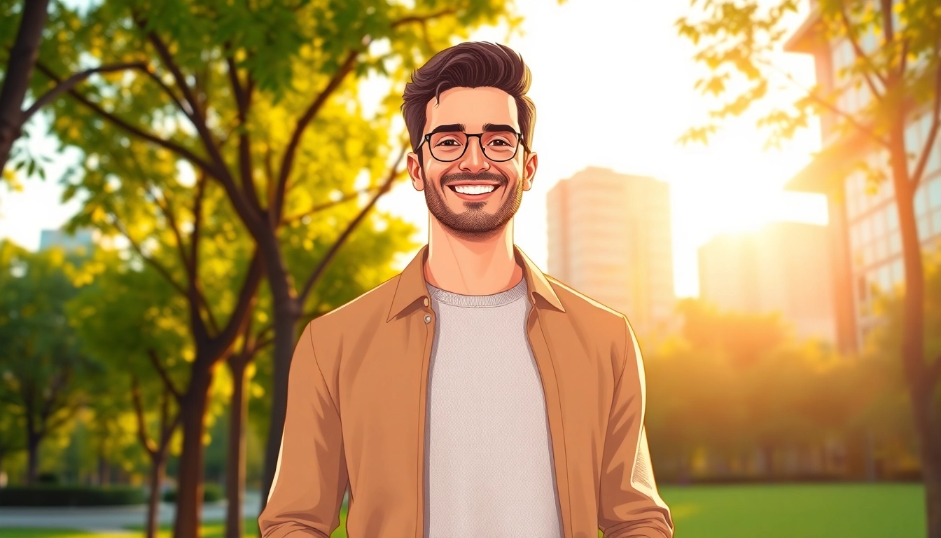 A confident man smiling in an urban park during golden hour with city buildings in the background.