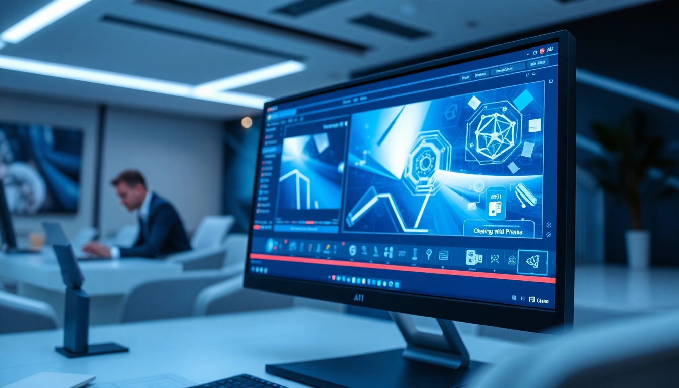 Futuristic workspace with advanced AI image editing interface on a computer screen