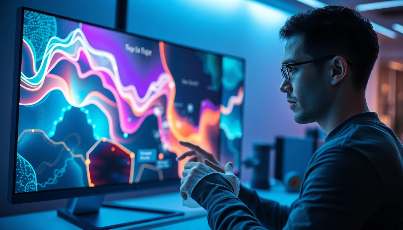 A futuristic workspace with a user interacting with holographic image editing interfaces, surrounded by vibrant digital visuals and advanced technology.