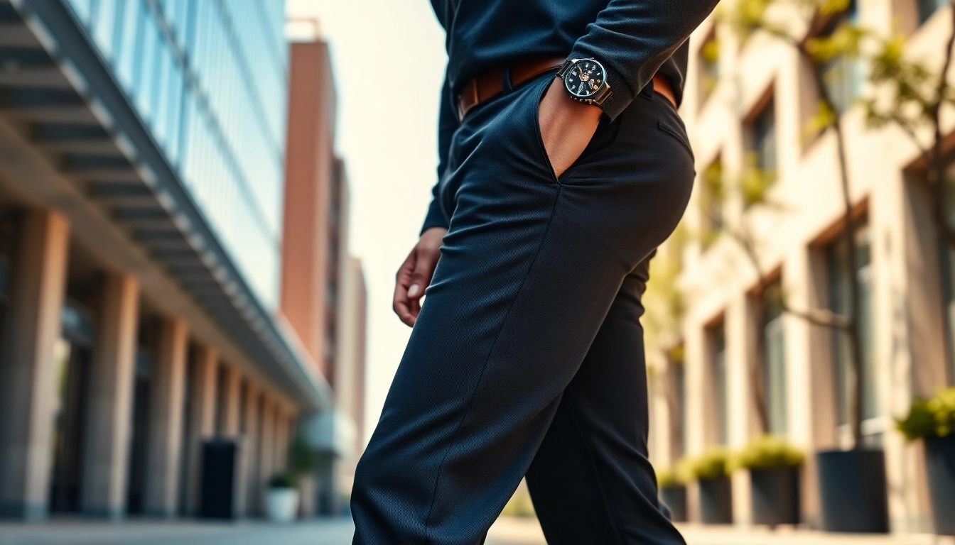 Stylish trousers for men shown on a confident model, highlighting modern fit and fabric details for men's fashion.