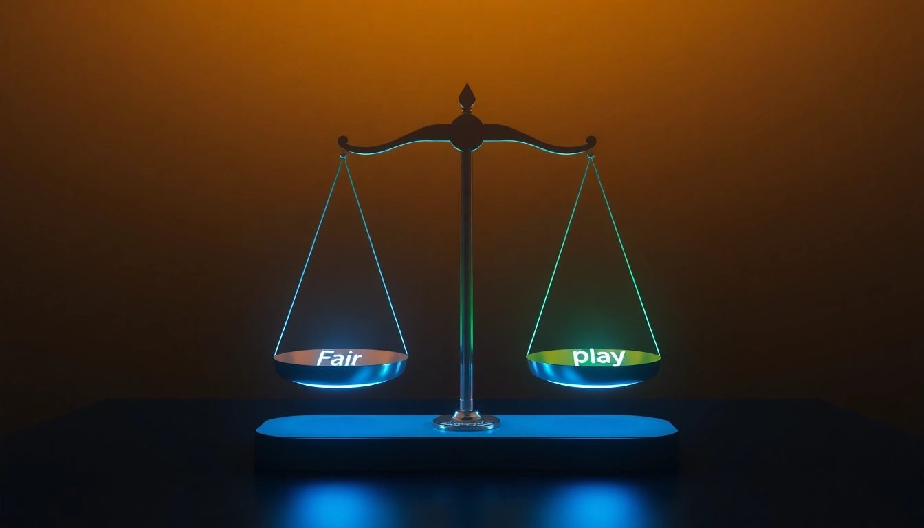 Fairplay concept illustrating fairness and integrity in digital platforms with a balancing scale and modern design.