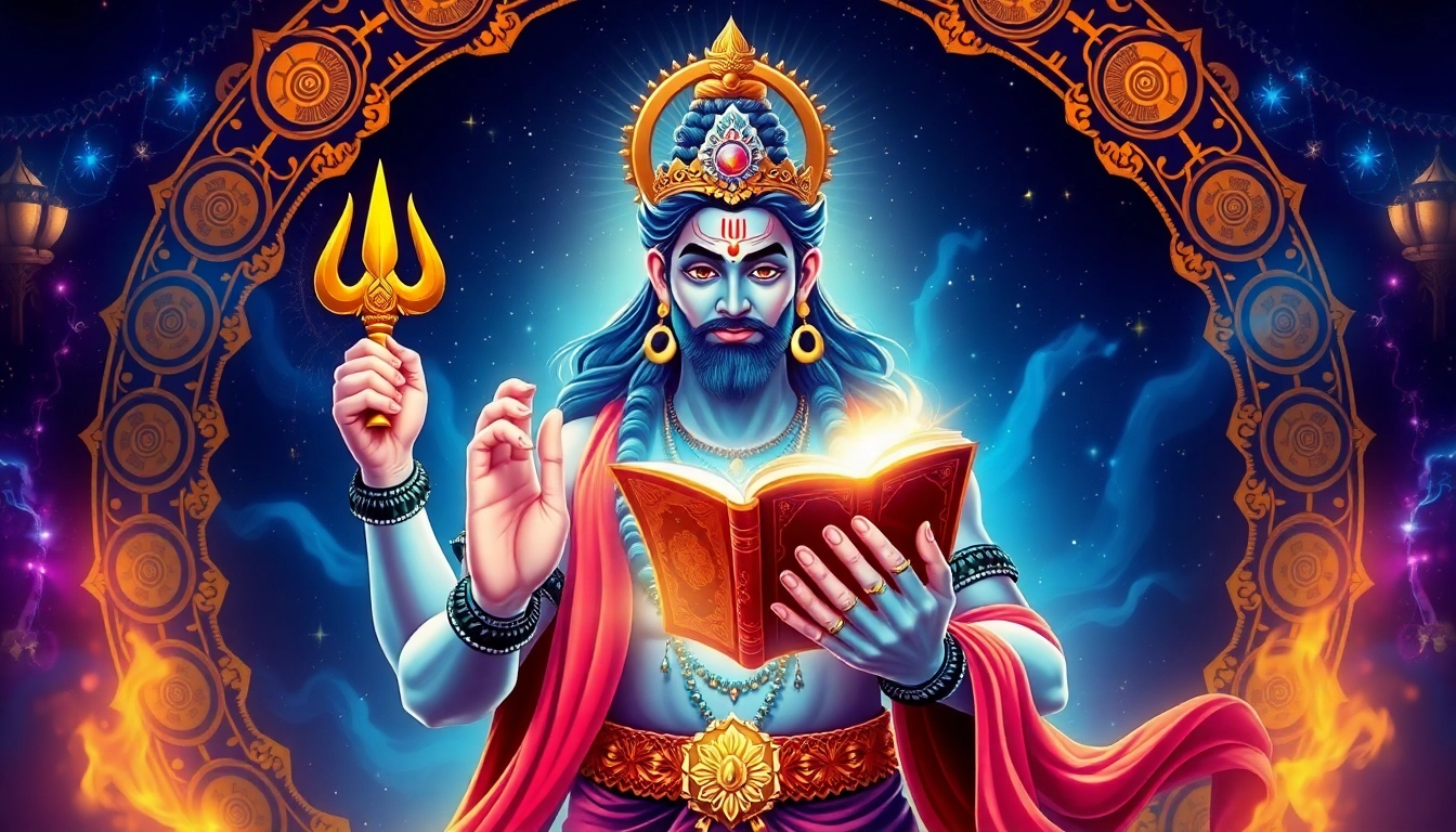 Mahadev book displayed with divine symbols and spiritual motifs, symbolizing wisdom and power