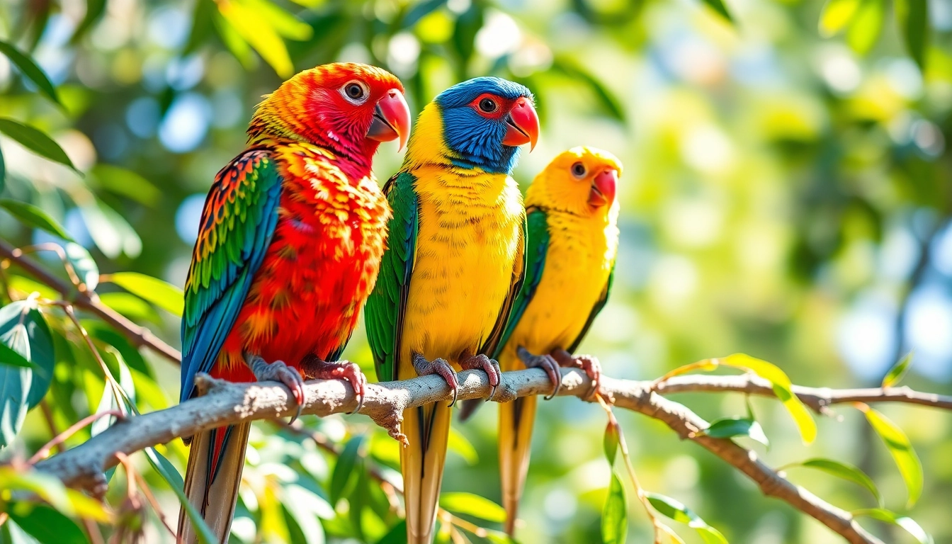 Vibrant pet birds sitting on a branch showcasing their colorful feathers and lively personalities
