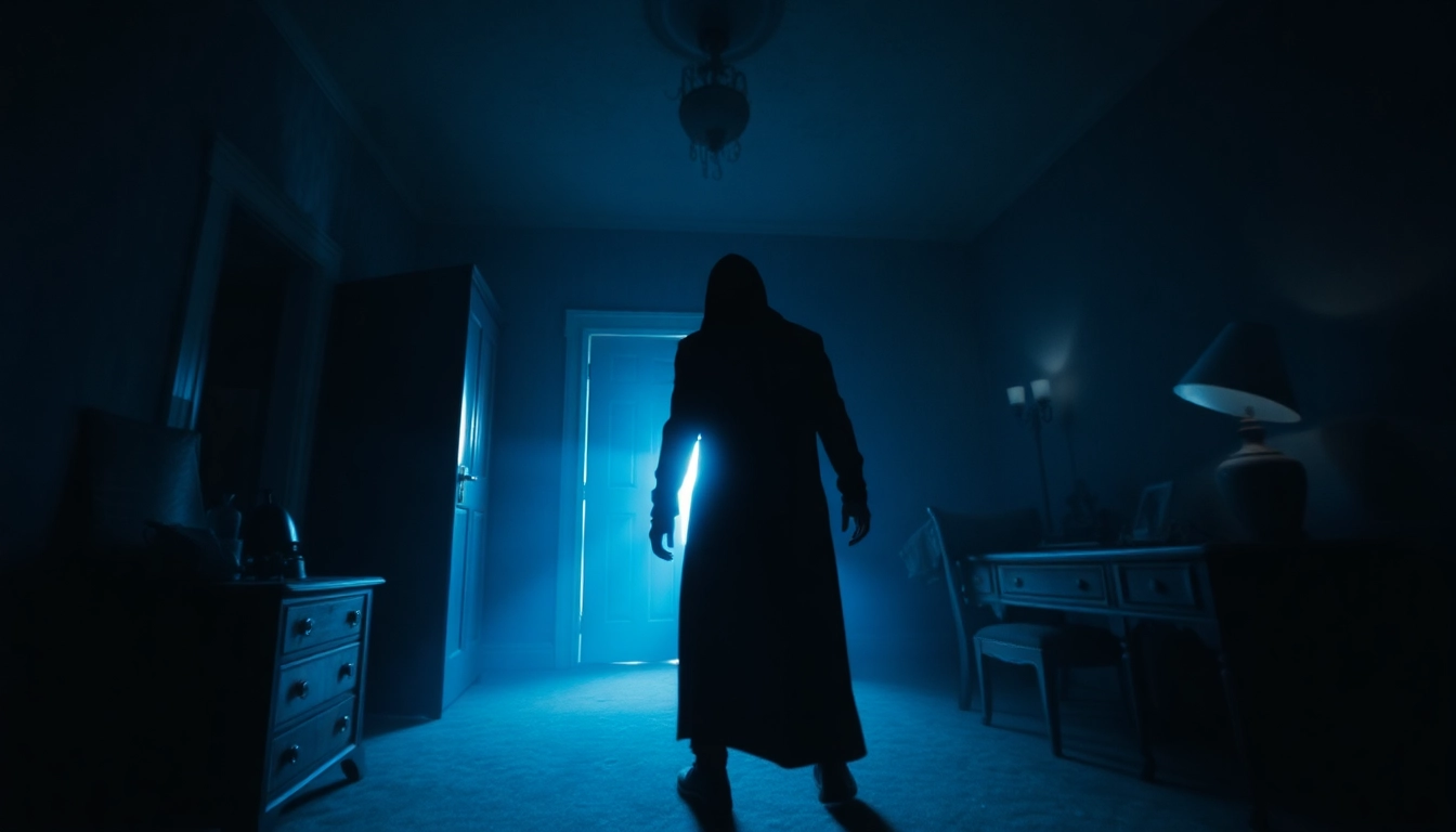 A frightening horror video scene with a shadowy figure inside a haunted house with flickering lights and a tense atmosphere for screen readers.