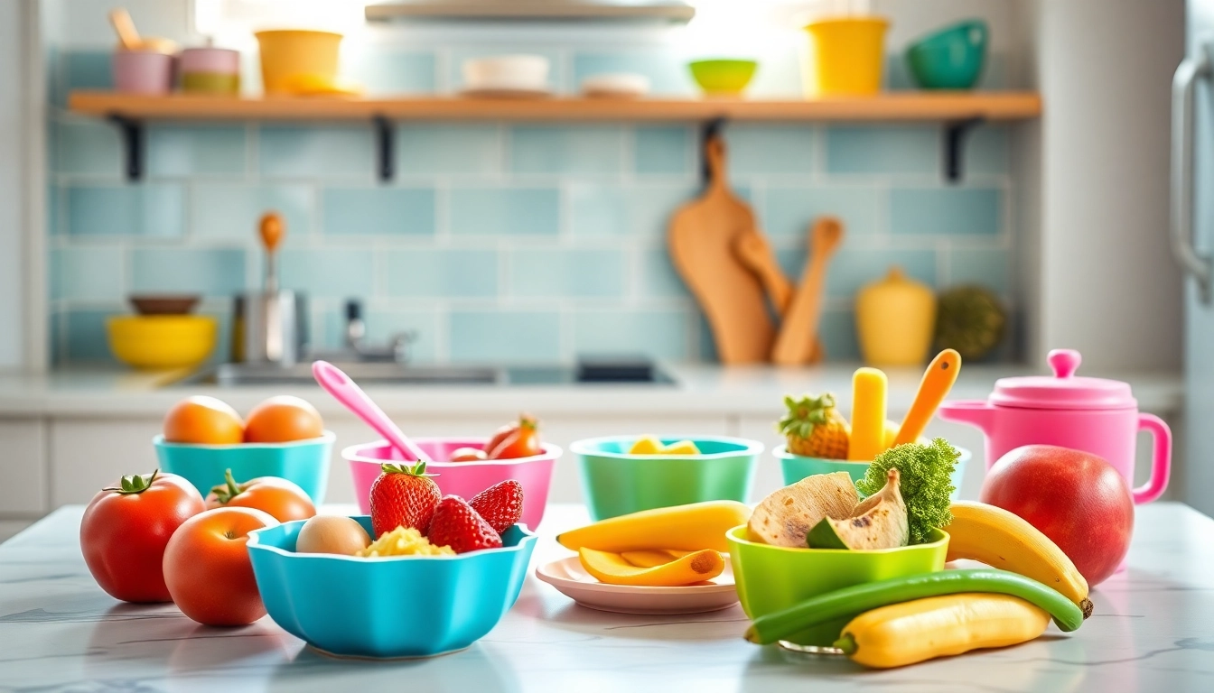Young mother serving alimenti sani per bambini in colorful silicone tableware to happy baby