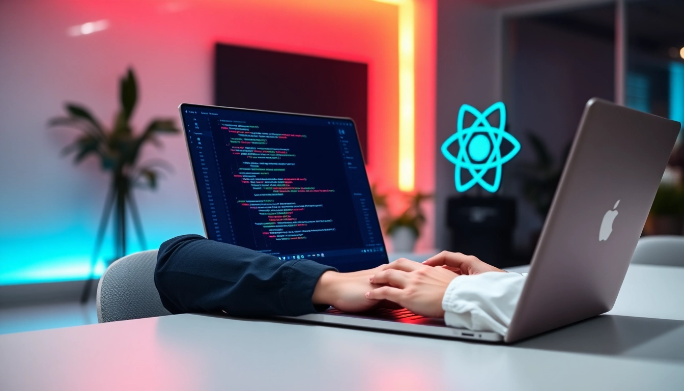 Freelance React developer coding on laptop in a modern workspace demonstrating remote technical