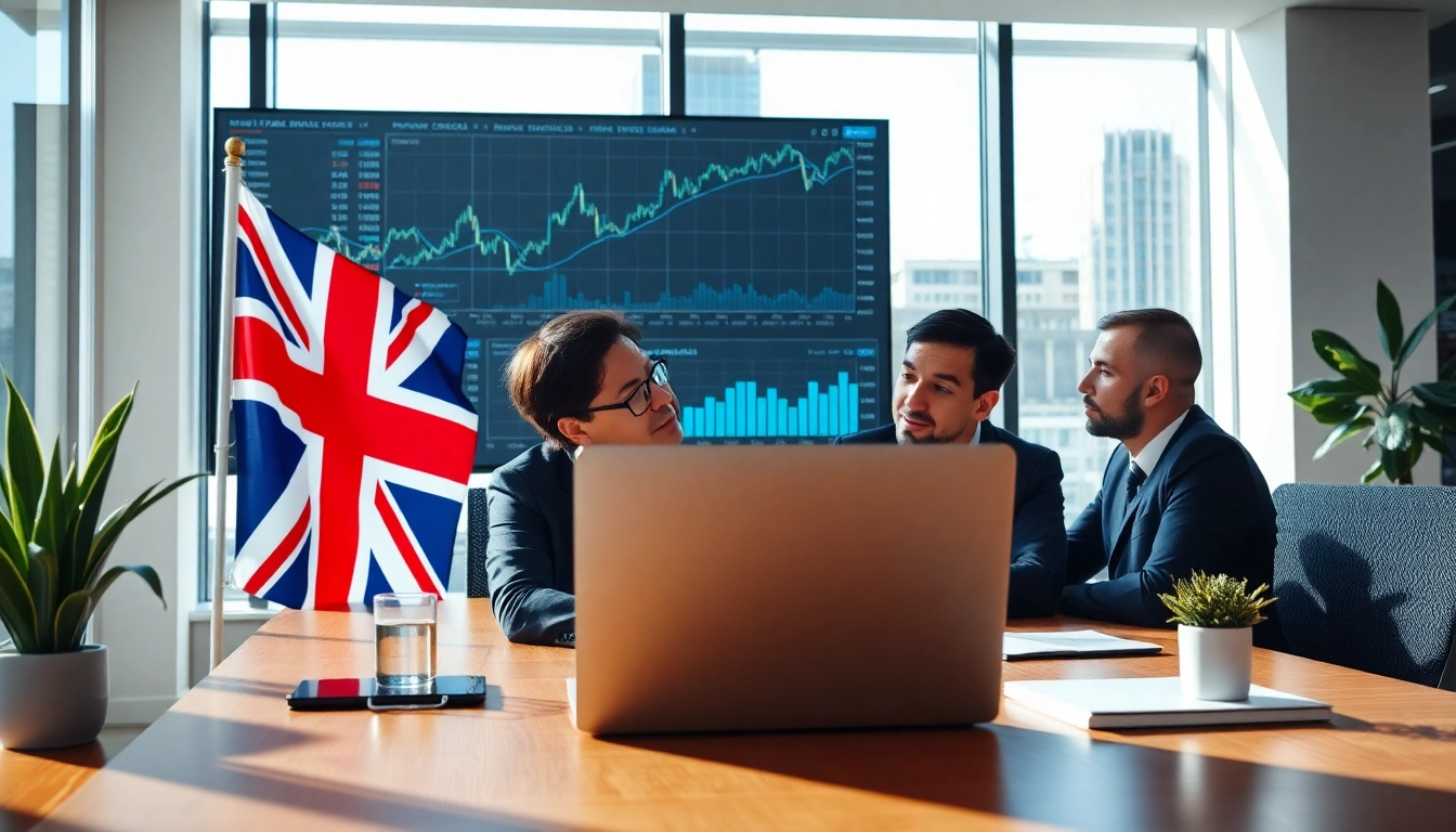Professional team reviewing the best UK Investment Guide with financial charts and UK flags in