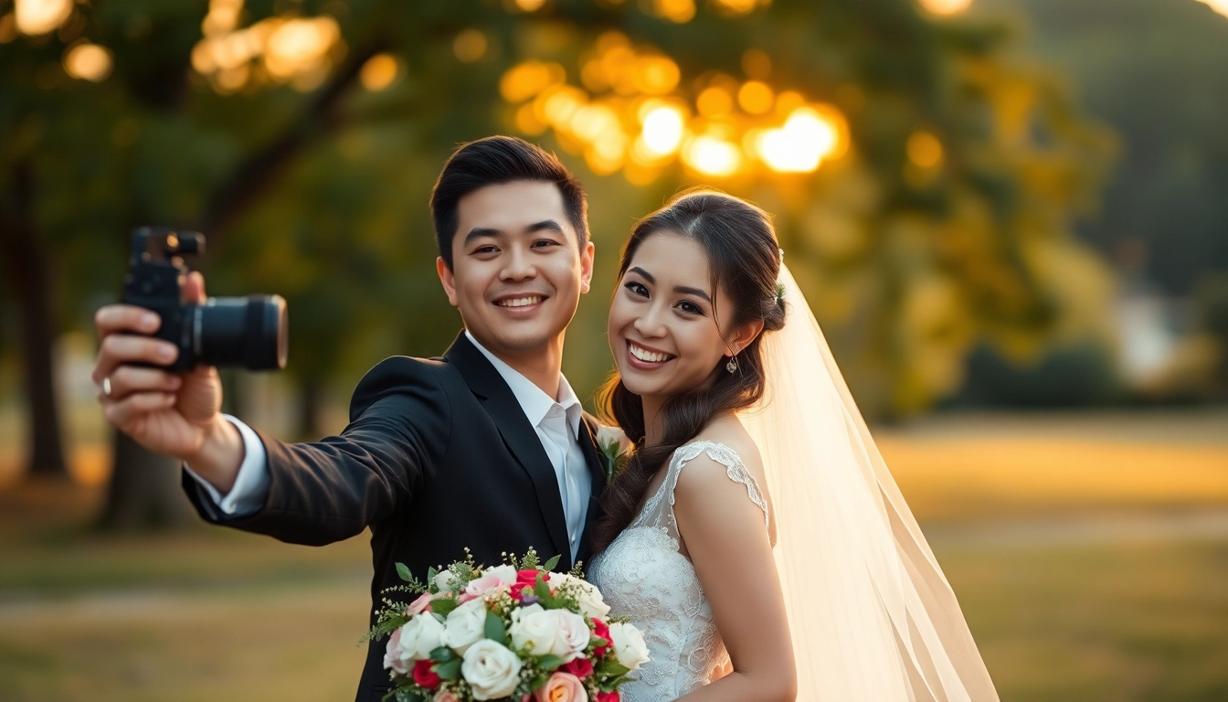 Engaging eskuvoi fotozas session capturing natural and joyful moments outdoors in warm lighting