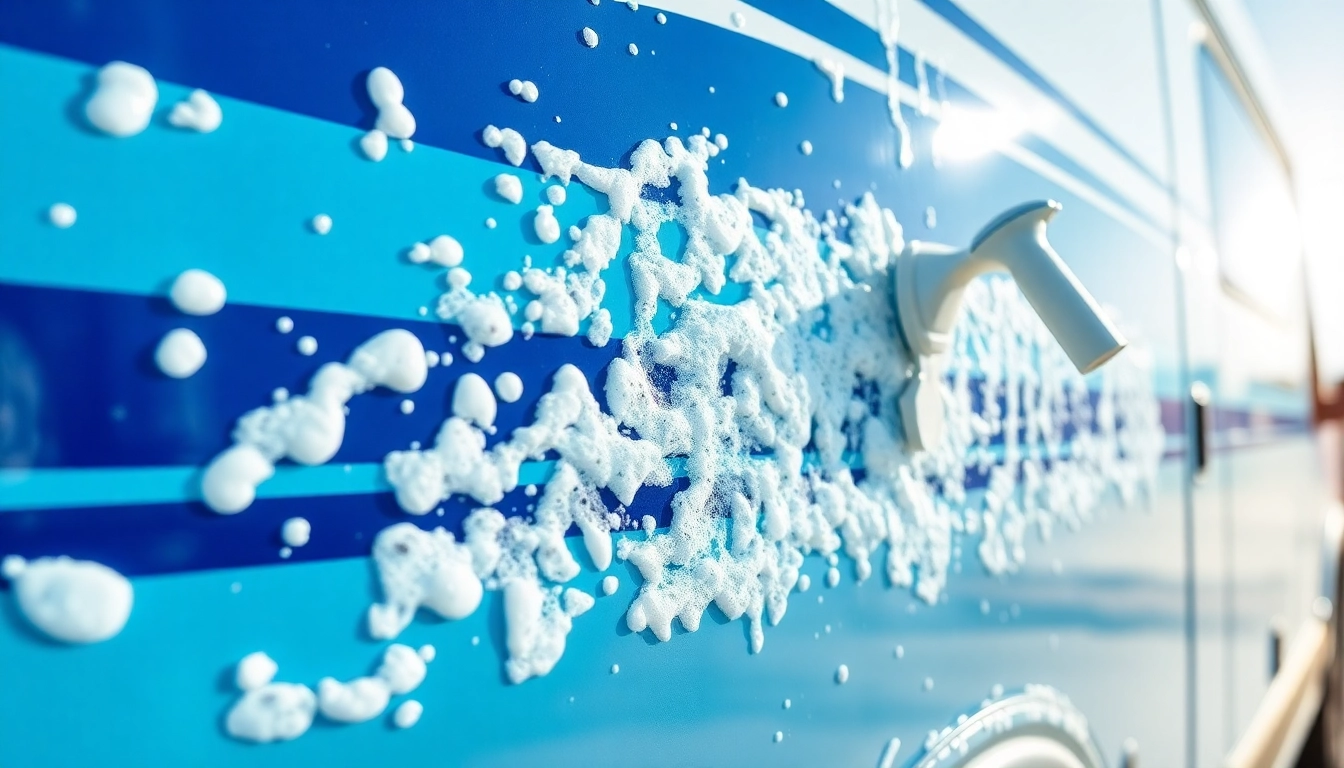 Effective Wohnmobilreiniger being applied to a camper van with foam and water spray,