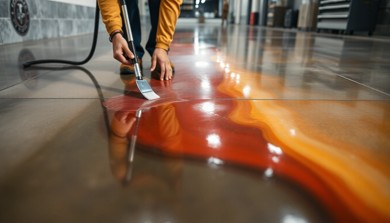 Expert applying durable Epoxy resinng Birmingham floor coating with a smooth finish and high