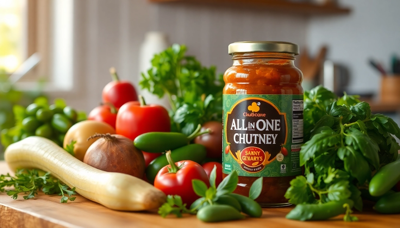 All In One Chutney showcased with fresh ingredients and packaged product for authentic flavor